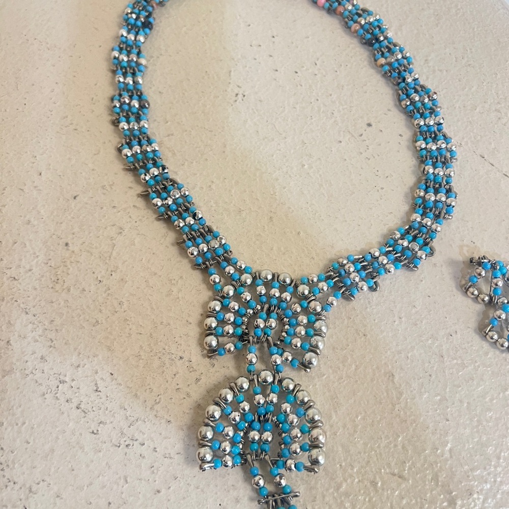 1970's Silvertone Turquoise Safety Pin Necklace & Earring Set Southwestern‎ - Picture 5 of 12
